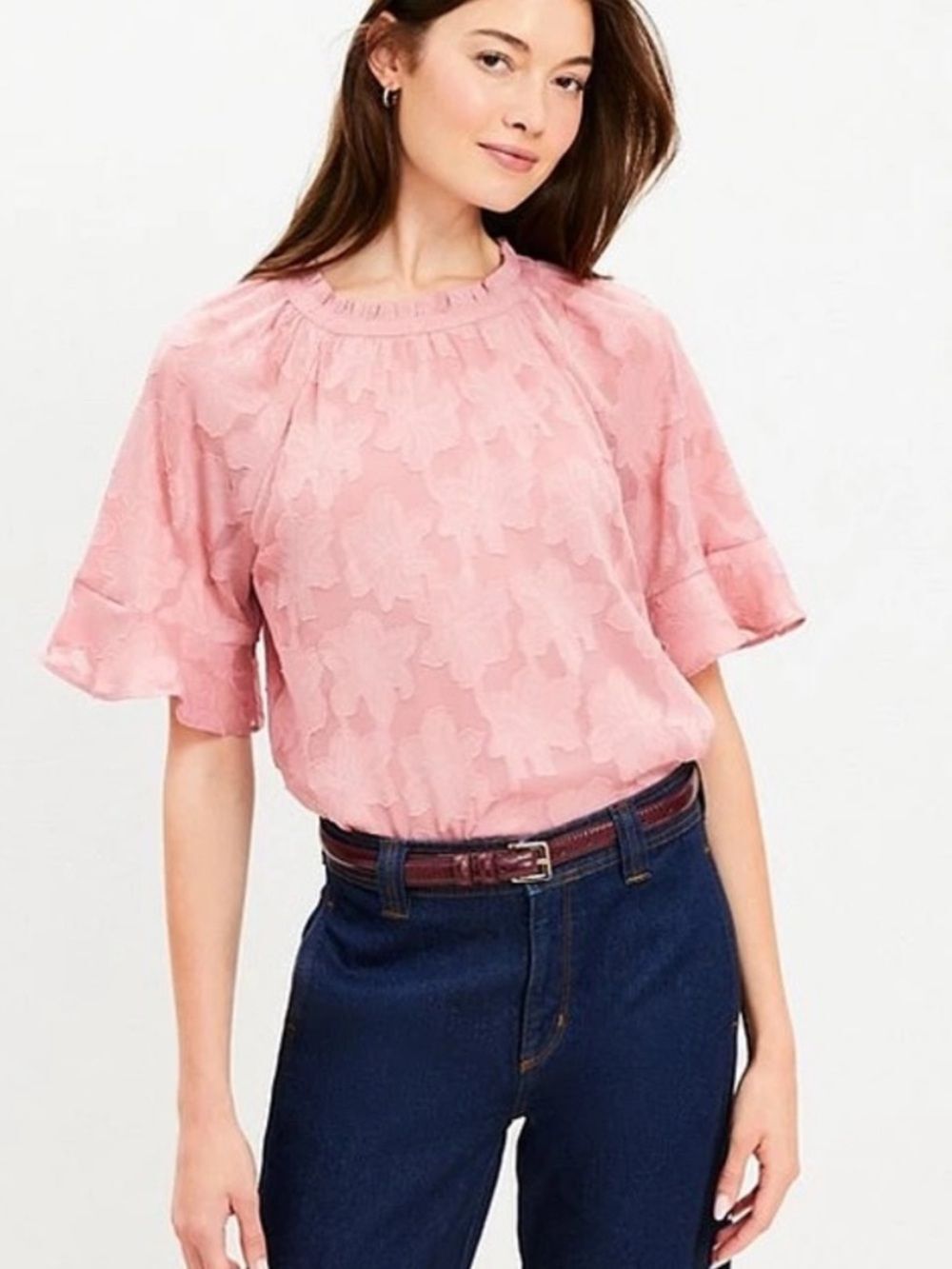 LOFT Floral Jacquard Ruffle Trim Sleeve Blouse Pink Sz L